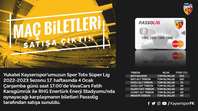 Kayserispor- Fatih Karagümrük maçının biletleri satışta