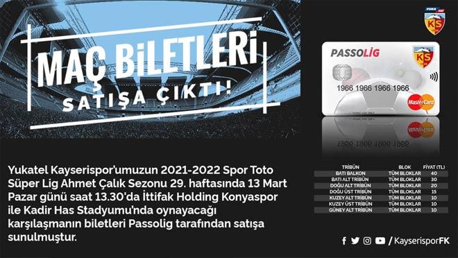 Kayserispor-Konyaspor maçı biletleri satışa çıktı