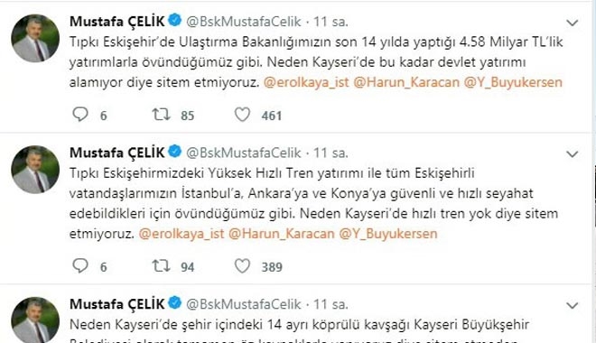 KAYSERİ İLE ESKİŞEHİR ARASINDA TWİTTER ATIŞMASI