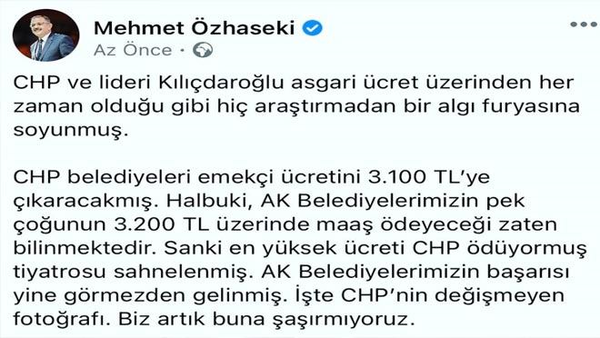 ÖZHASEKİ’DEN CHP’NİN ASGARİ ÜCRET AÇIKLAMALARINA CEVAP
