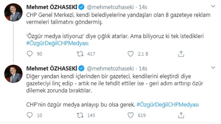 ÖZHASEKİ CHP’NİN ÖZGÜR MEDYA ANLAYIŞINI ELEŞTİRDİ