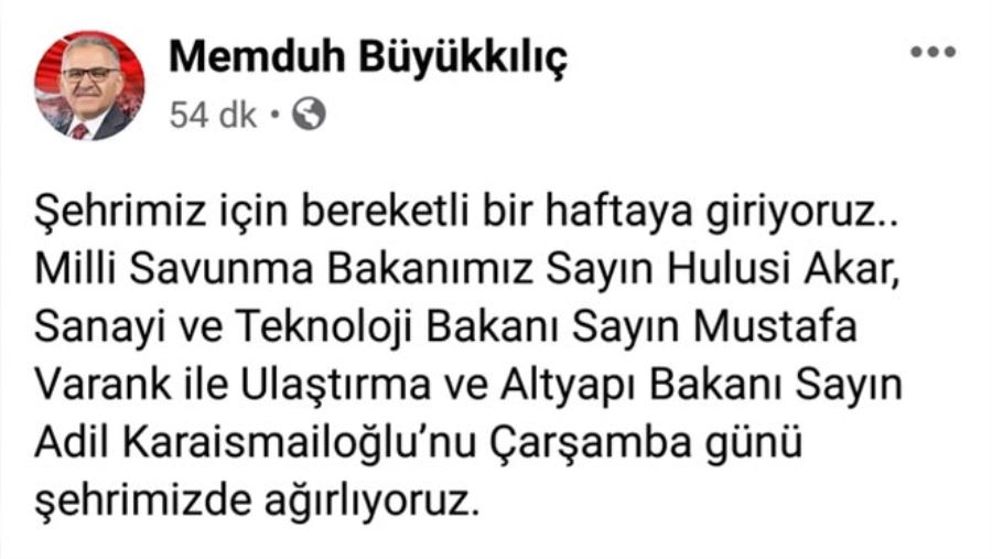 BAŞKAN BÜYÜKKILIÇ SOSYAL MEDYADAN DUYURDU