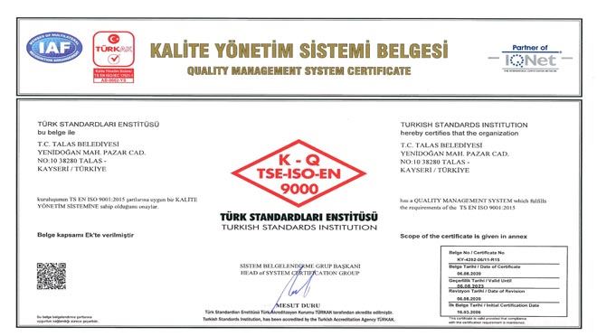 TALAS BELEDİYESİ KALİTESİNİ TESCİLLEDİ