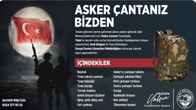 TALAS BELEDİYESİ’NDEN ASKERLERE ÇANTA