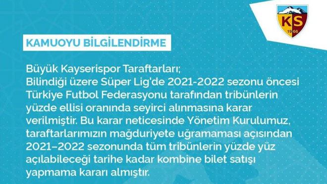 KAYSERİSPOR YENİ SEZONDA KOMBİNE BİLET SATIŞI YAPMAYACAK