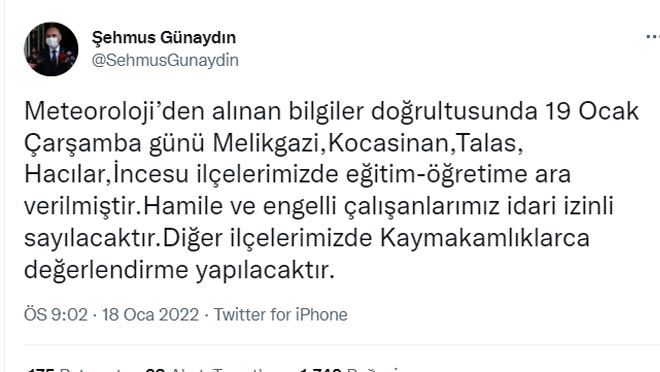 Kayseri’de 5 ilçede eğitime kar engeli