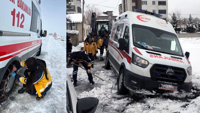 Karla kaplı yollarda sağlık çalışanları hastaya ulaşmak için seferber oldu