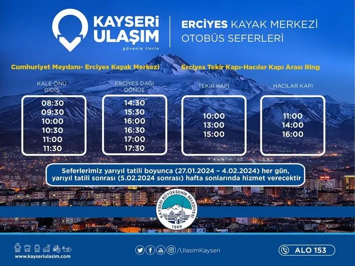 Erciyes otobüs seferlerine ‘yarıyıl tatili’ düzenlemesi