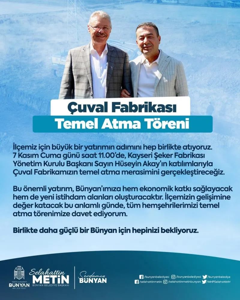  Bünyan’da çuval fabrikasının temeli atılıyor